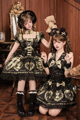 Black/Gold [Sugar Bear] Jacquard Ruffled Bow Lace Sweet Classic Lolita Dress 2 Versions - Product - 4