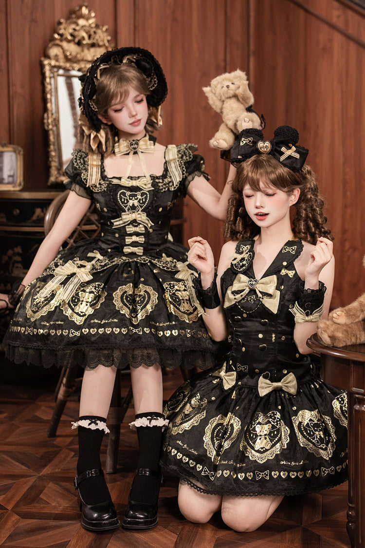 Black/Gold [Sugar Bear] Jacquard Ruffled Bow Lace Sweet Classic Lolita Dress 2 Versions - Product - 4