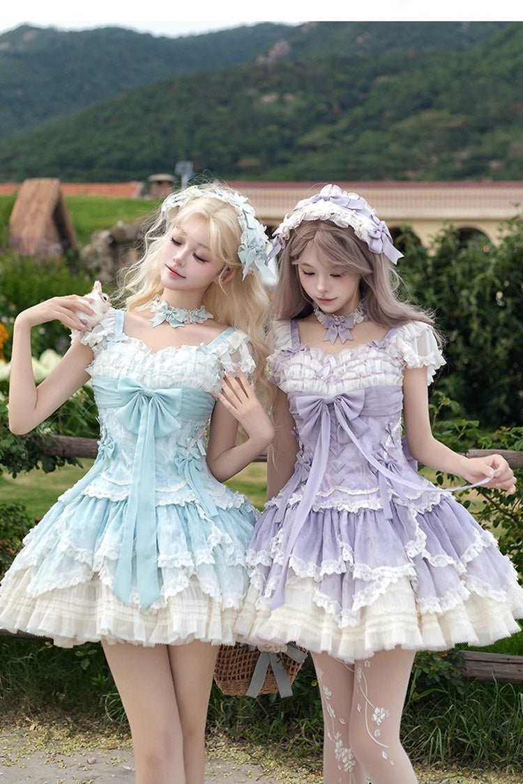 Purple [Floral Dream] Short Sleeves Multi-Layered Ruffle Embroidery Bowknot Lace-Up Sweet Elegant Ballet Lolita Jsk Dress - Product - 6