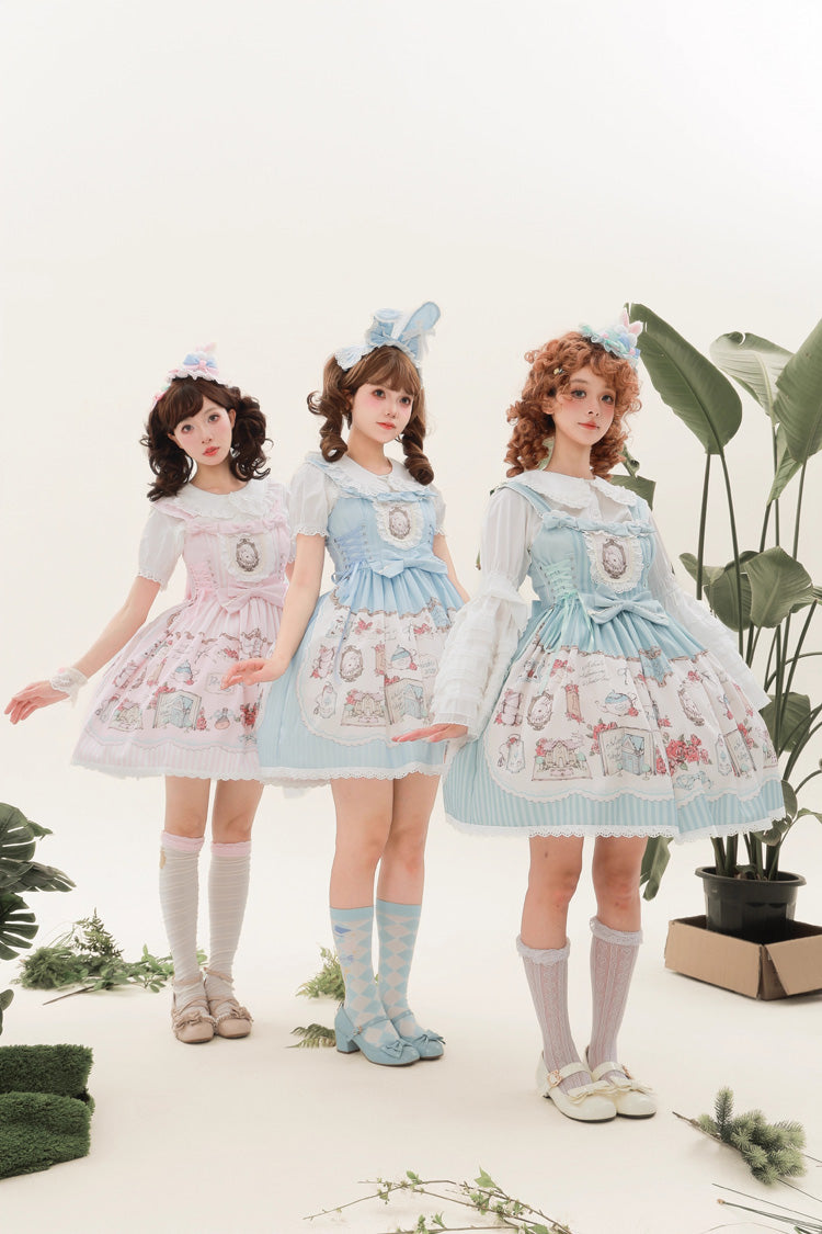 [Rabbit's Collection] Sleeveless Print Bowknot Lace Sweet Princess Lolita Jsk Dress 3 Colors - Blue - 5