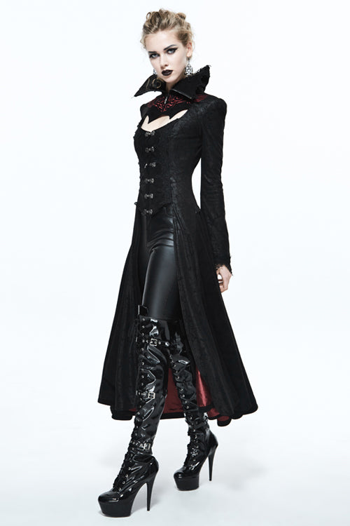 Black And Red Floral High Collar Embroidered Womens Gothic Coat - Product - 2