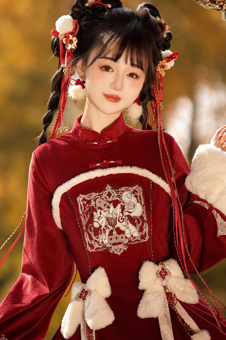 Red Long Sleeves Ruffle Embroidery Bowknot Chinese Style Sweet Lolita Hanfu Dress - Product - 10