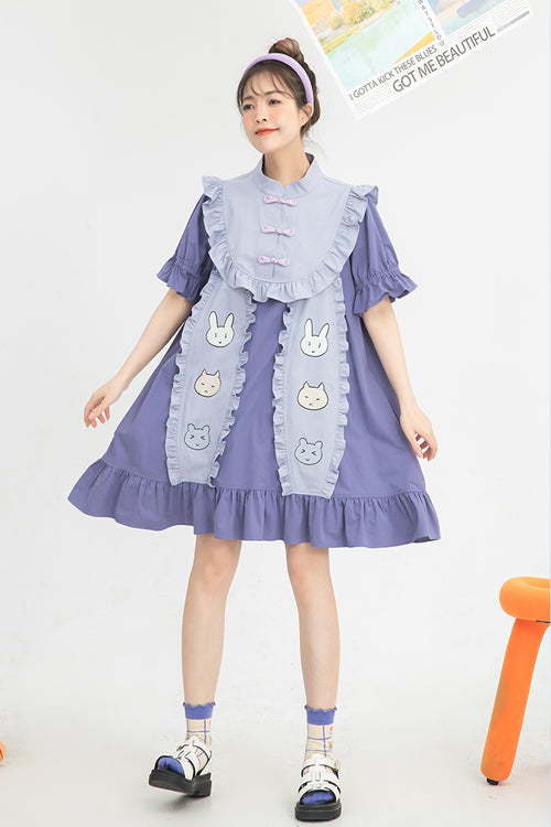 Purple Chinoiserie Button Stand Collar Short Sleeves Ruffled Cute Rabbit Ears High Waisted Sweet Lolita Dress - Product - 3