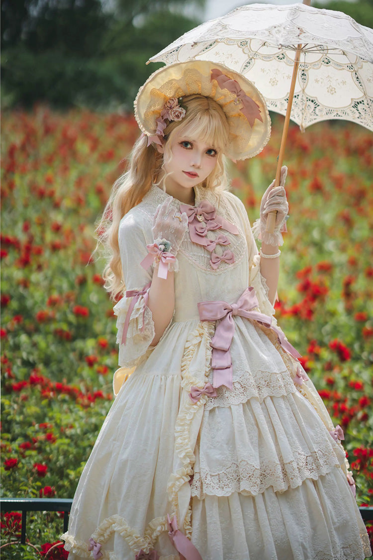 Ivory [Lilica Garden] Lapel Collar Short Trumpet Sleeves Ruffled Open-Front Bow Lace Sweet Elegant Luxurious Lolita Dress - Product - 5