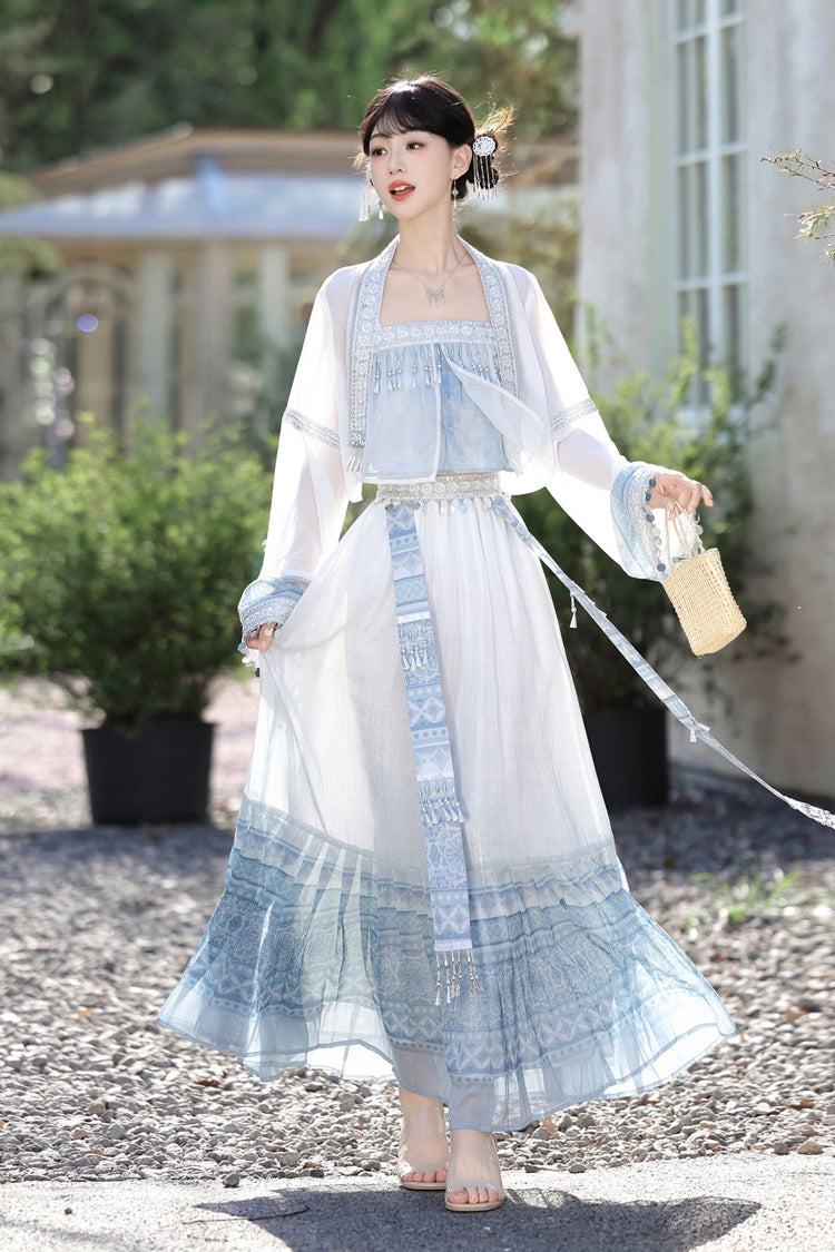 White/Blue [Moon-Reflecting Bell] Long Sleeves High Waisted Printed Women's Classic Hanfu Set - Product - 4