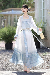 White/Blue [Moon-Reflecting Bell] Long Sleeves High Waisted Printed Women's Classic Hanfu Set - Product - 4