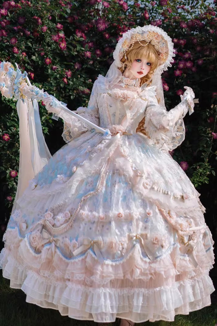 Blue/Pink [Rose Blossom Banquet] Multi-Layered Printed Ruffled Hanayome Bow Lace Sweet Plus Size Princess Gorgeous Lolita Dress - Product - 7