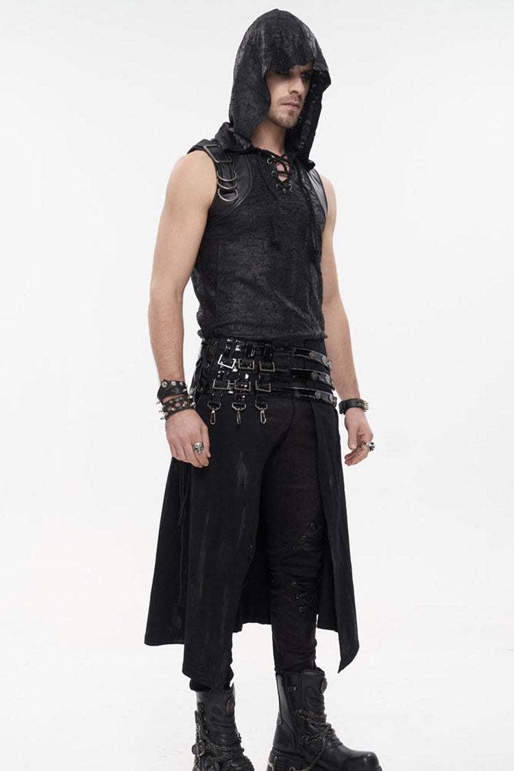 Black Punk Patent Leather Paneled Belt Irregular Print Metal Men's Skirt - Product - 2