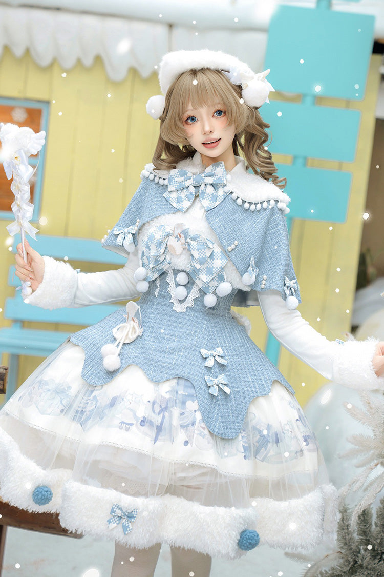 Light Blue [Rolling Snowballs] Printed Bow Sweet Lolita Jsk Dress Set - Product - 8