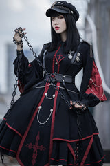 Black/Red Long Sleeves Punisher Military Irregular Gothic Lolita Dress Full Set - Product - 5