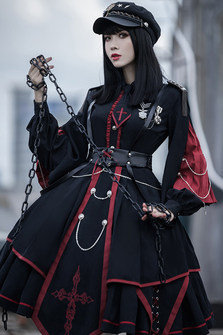 Black/Red Long Sleeves Punisher Military Irregular Gothic Lolita Dress Full Set - Product - 5