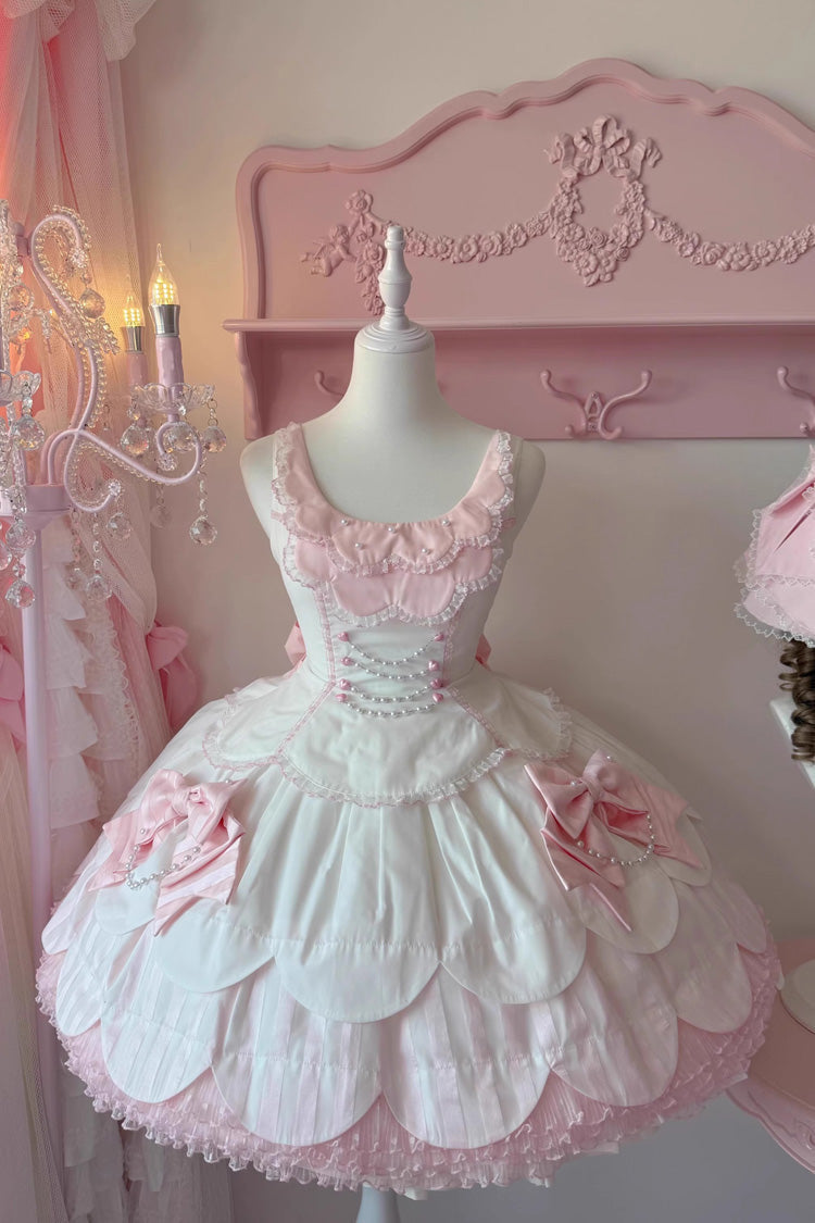 White/Pink Sleeveless Multi-Layered Ruffle Bowknot Lace Pearl Sweet Lolita Jsk Dress - White/Pink - 1