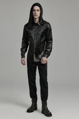 Black Lapel Collar Long Sleeves Faux Leather Men's Gothic Blouse - Product - 4