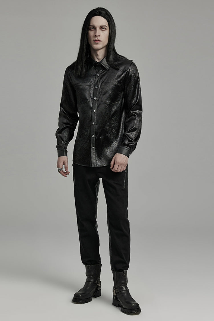 Black Lapel Collar Long Sleeves Faux Leather Men's Gothic Blouse - Product - 4