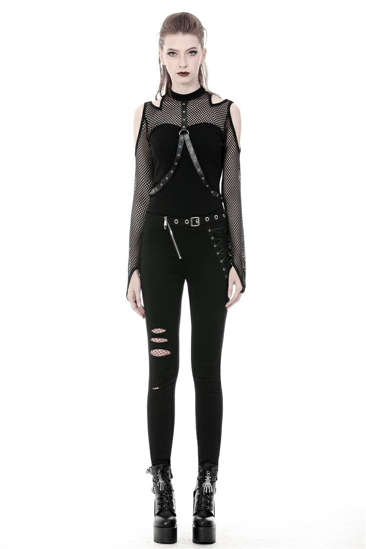 Black Off Shoulder Long Sleeves Mesh Crossed Harness Straps Eyelet Sexy Women's Punk Top - Product - 5