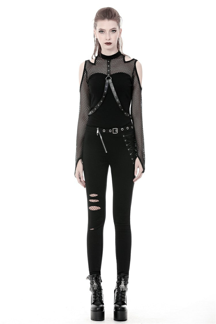 Black Off Shoulder Long Sleeves Mesh Crossed Harness Straps Eyelet Sexy Women's Punk Top - Product - 5