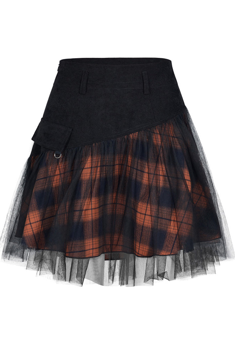 Black/Red Lace Mesh Stitching Plaid Metal Buckle Decoration High Waist Women's Punk Short Skirt - Product - 4