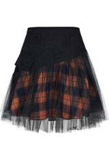 Black/Red Lace Mesh Stitching Plaid Metal Buckle Decoration High Waist Women's Punk Short Skirt - Product - 4