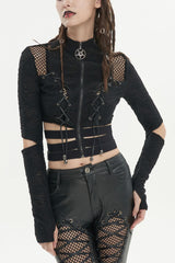 Black Ruched Strap Splice Mesh Long Sleeves Women's Gothic Shirt - Black - 1