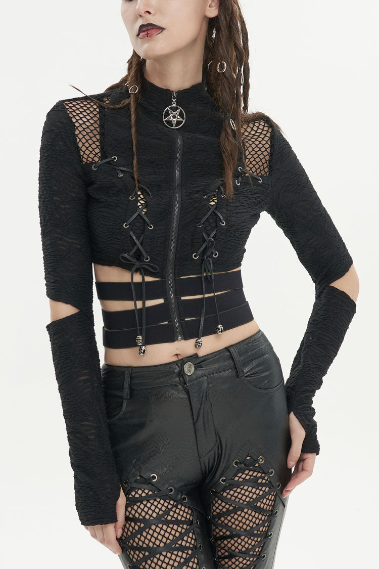 Black Ruched Strap Splice Mesh Long Sleeves Women's Gothic Shirt - Black - 1