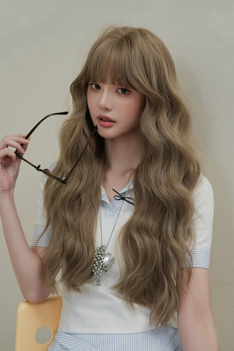 Milk Tea Brown Korean Style Fluffy Face-Framing Air Bangs Wavy Sweet Lolita Wig - Product - 6
