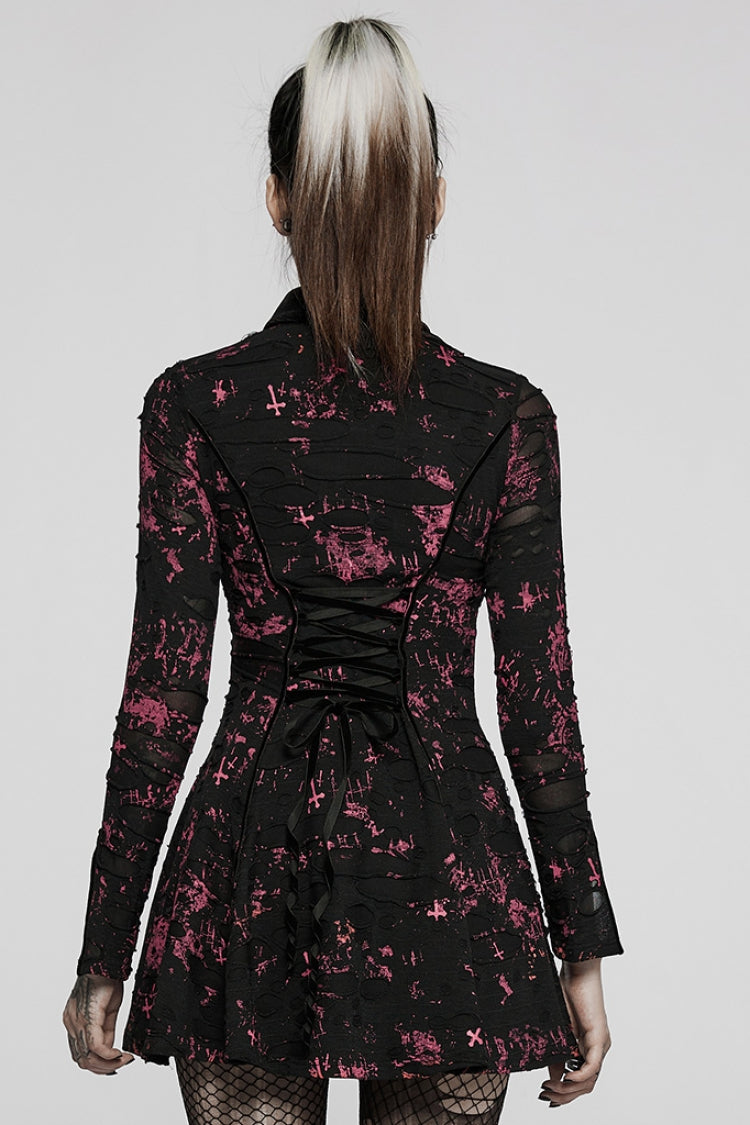 Black/Red Long Sleeves Print Slim Ripped Tie-dyed Women's Gothic Dress - Product - 3