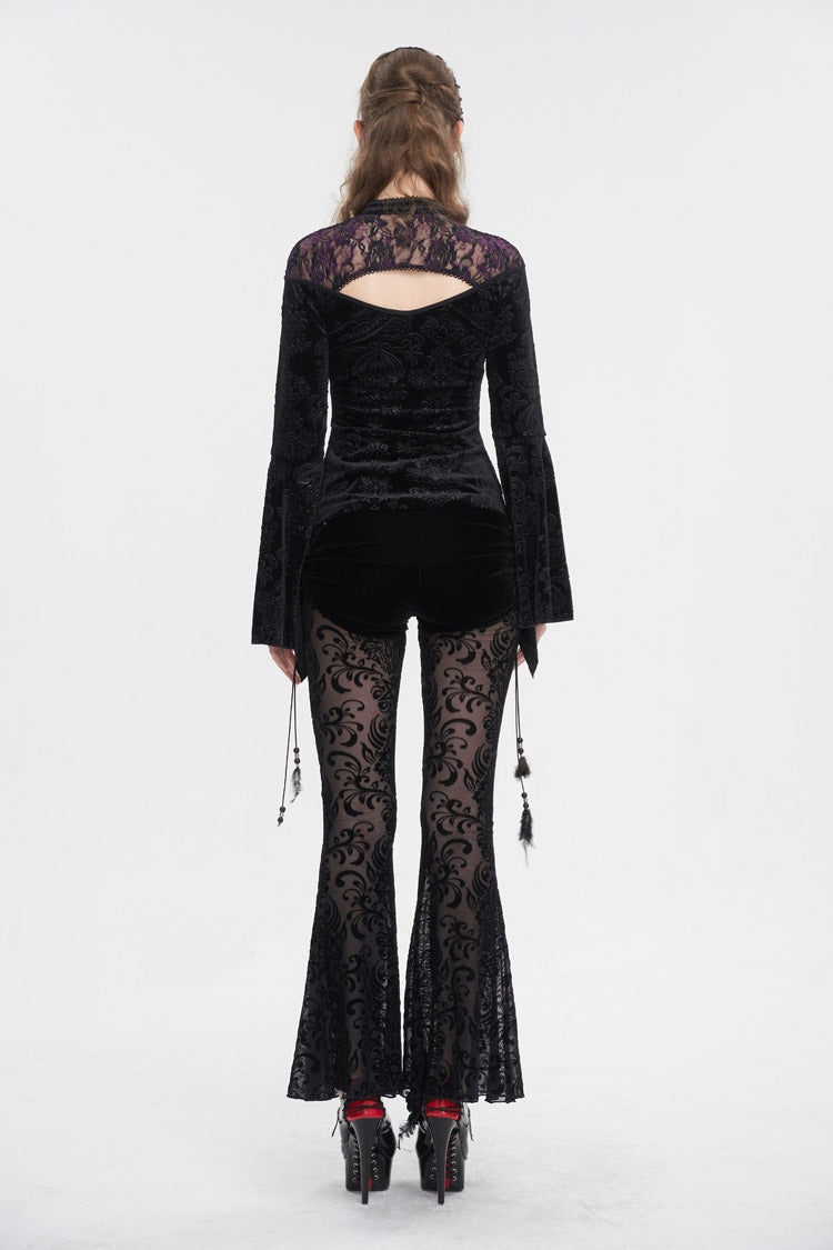Black Cutout Flared Sleeved Floral Embossed Women's Gothic Shirt - Product - 8