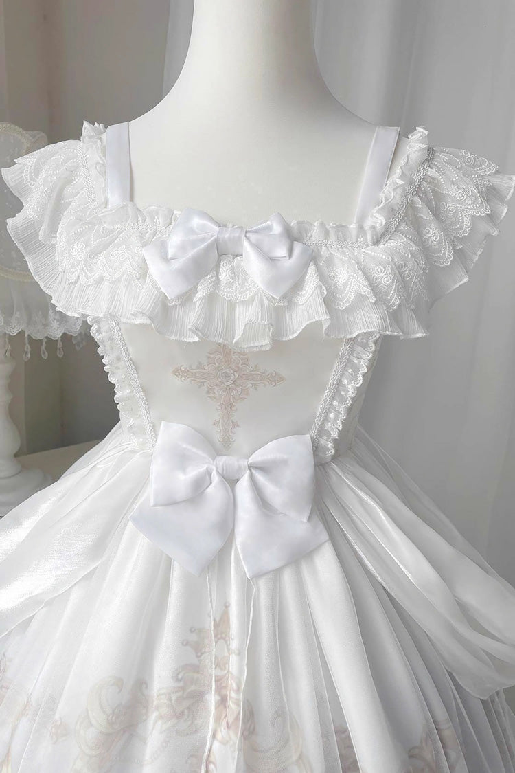 White/Blue [Flower and Letter] Swan Lake Print Ruffle Bowknot Elegant Lolita Jsk Dress - Product - 9