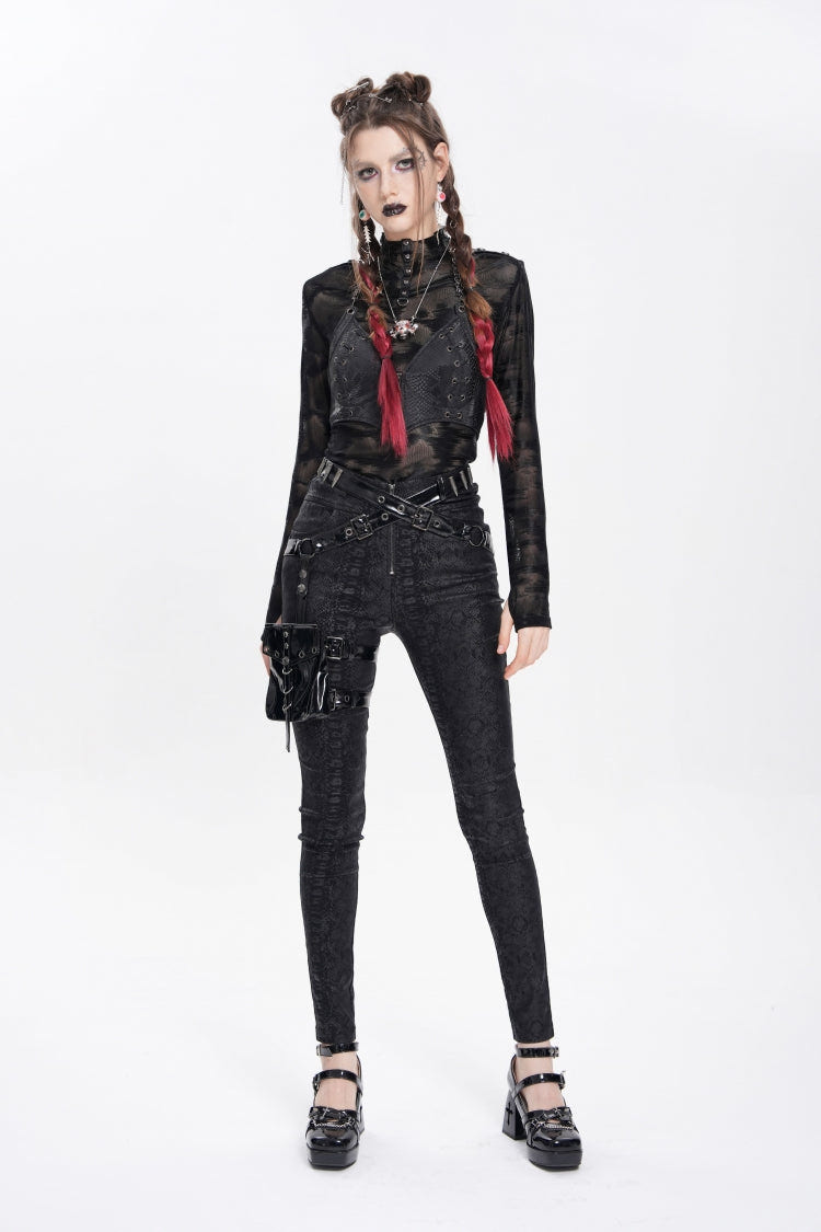 Black Print Buckle Straps Women's Punk Pants with Leg Bag - Product - 8