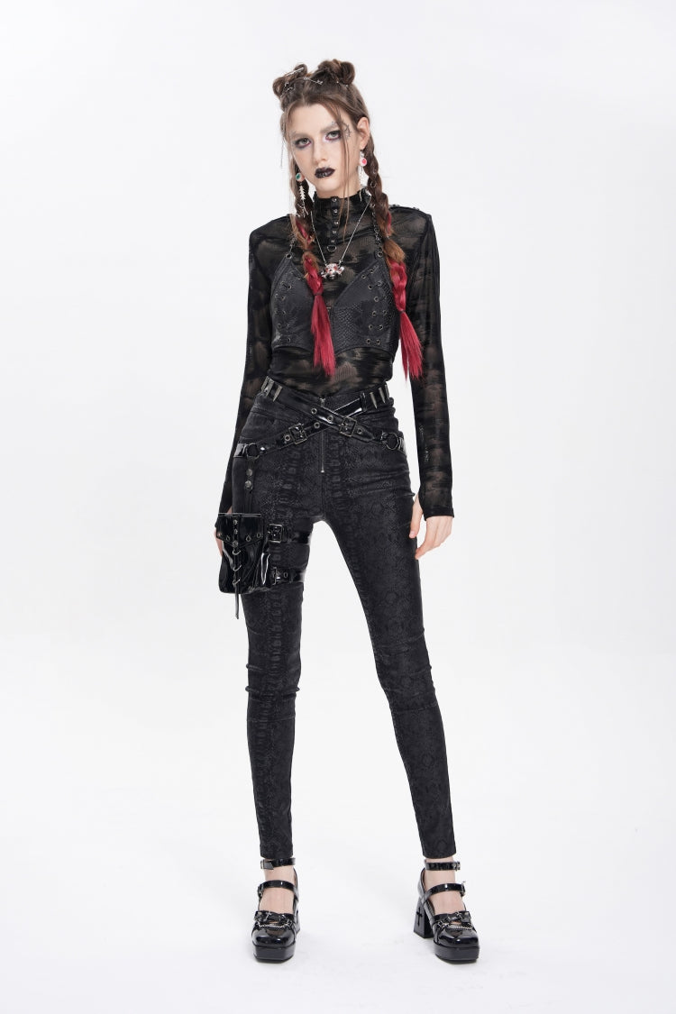 Black Print Buckle Straps Women's Punk Pants with Leg Bag - Product - 8