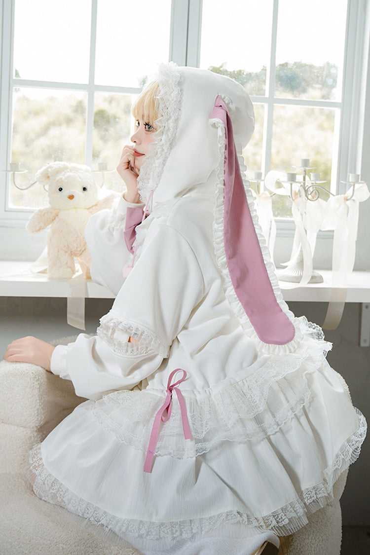 White Rabbit Ears Hooded Bowknot Lace Sweet Lolita Coat Set - Product - 8