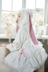 White Rabbit Ears Hooded Bowknot Lace Sweet Lolita Coat Set - Product - 8