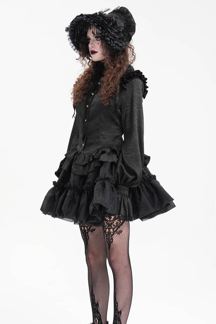 Black Long Sleeves Print Ruffle Lace Women's Gothic Blouse - Product - 8