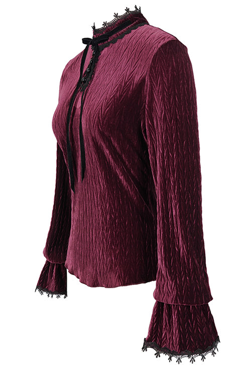 Red Pleated Velvet Trumpet Sleeves Womens Gothic Blouse - Product - 5