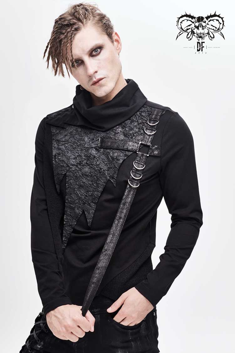 Black Worn Out Cross Shaped Hasp High Collar Asymmetric Hem Men's Punk T-Shirt - Product - 2