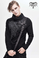Black Worn Out Cross Shaped Hasp High Collar Asymmetric Hem Men's Punk T-Shirt - Product - 2