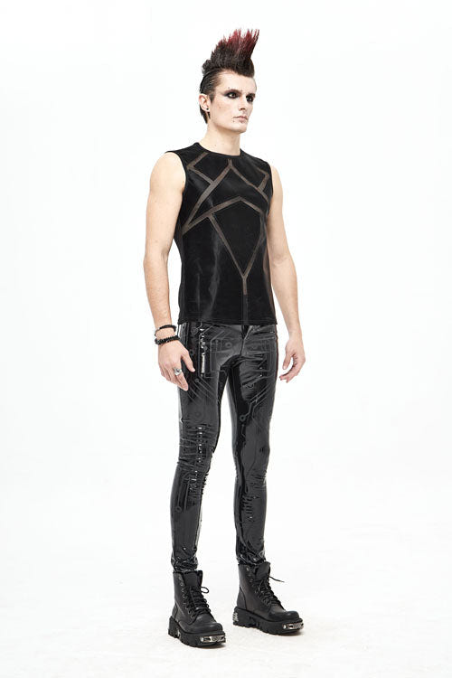 Black Punk Circuit Printed High Quality Stretchy Leather Tight Mens Pants - Product - 6