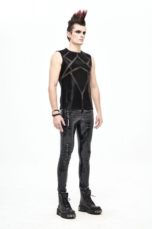 Black Punk Circuit Printed High Quality Stretchy Leather Tight Mens Pants - Product - 6