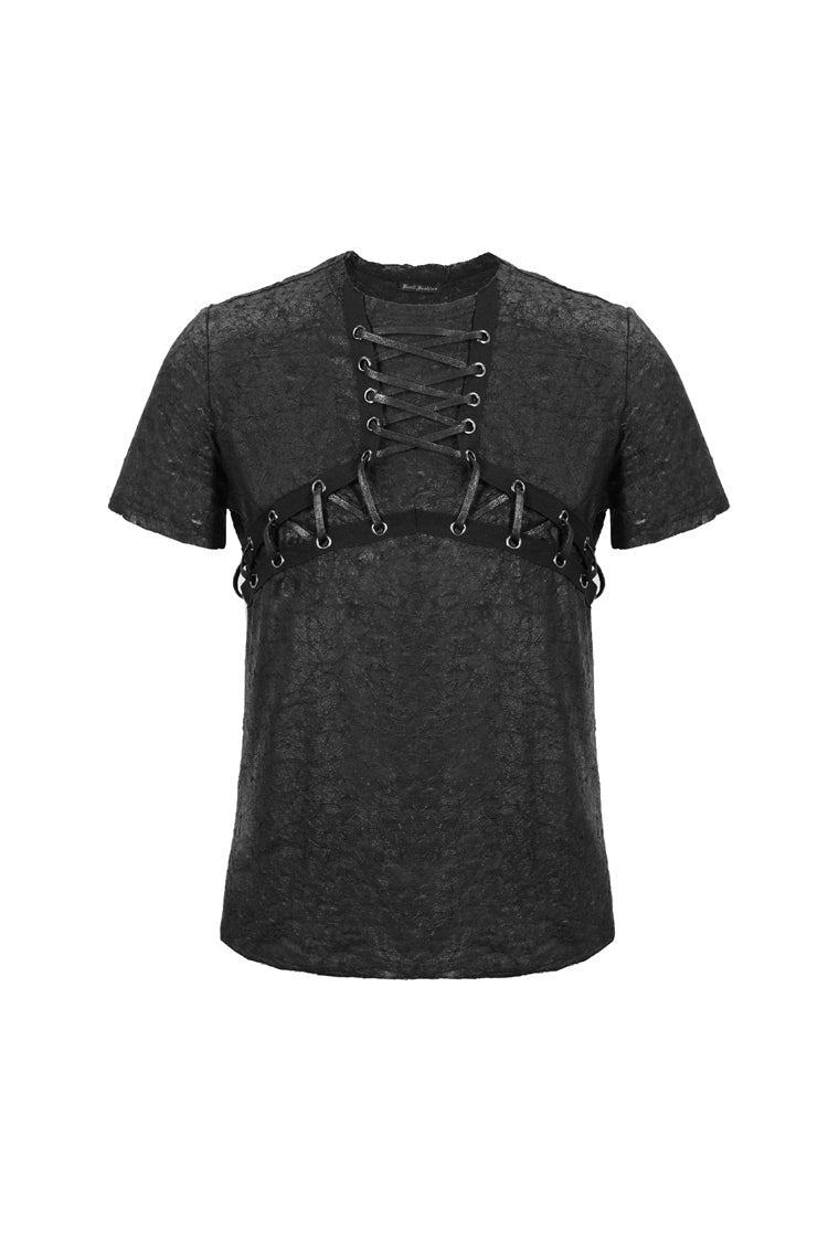 Black Broken Holes Thick Stripes Chest Lace-Up Knit Short Sleeve Men's Punk T-Shirt - Product - 7