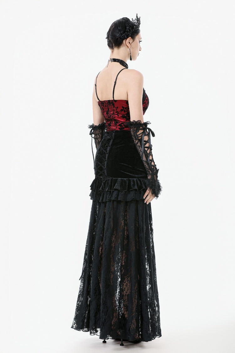 Black Multi-Layered Ruffled Velvet Spliced Lace Lace-Up Women's Gothic Long Skirt - Product - 10