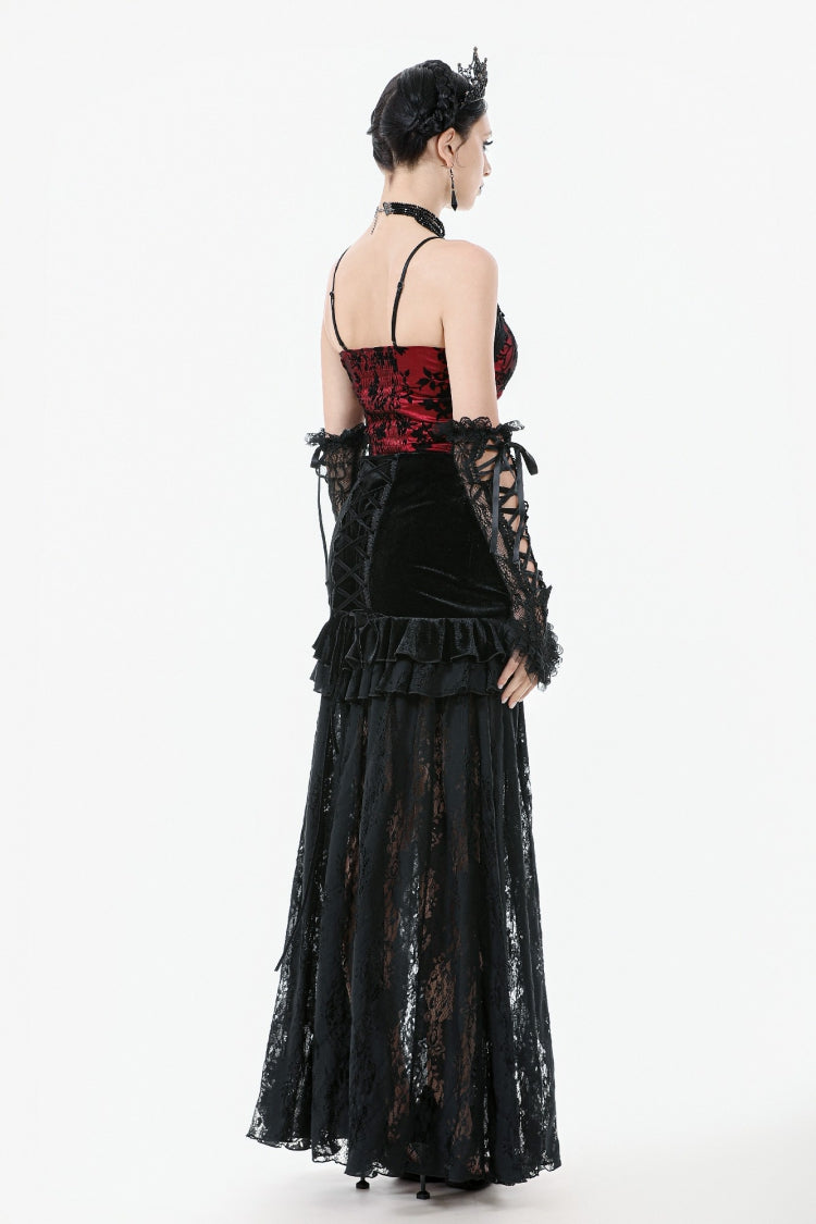Black Multi-Layered Ruffled Velvet Spliced Lace Lace-Up Women's Gothic Long Skirt - Product - 10