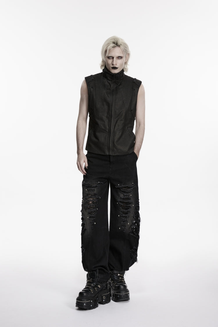 Black Stand Collar Sleeveless Studded Zippered Pleated Men's Punk Cool Vest - Product - 8