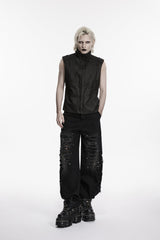 Black Stand Collar Sleeveless Studded Zippered Pleated Men's Punk Cool Vest - Product - 8