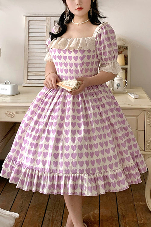 Purple Square Collar Heart Print Ruffled Short Sleeves Plus Size Sweet Lolita OP Dress - Purple - 1