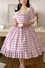 Purple Square Collar Heart Print Ruffled Short Sleeves Plus Size Sweet Lolita OP Dress - Purple - 1