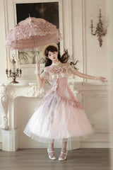 Pink [Rose Poems] Ruffle Embroidery Bowknot Lace Asymmetric Sweet Elegant Lolita Dress Set - Product - 12