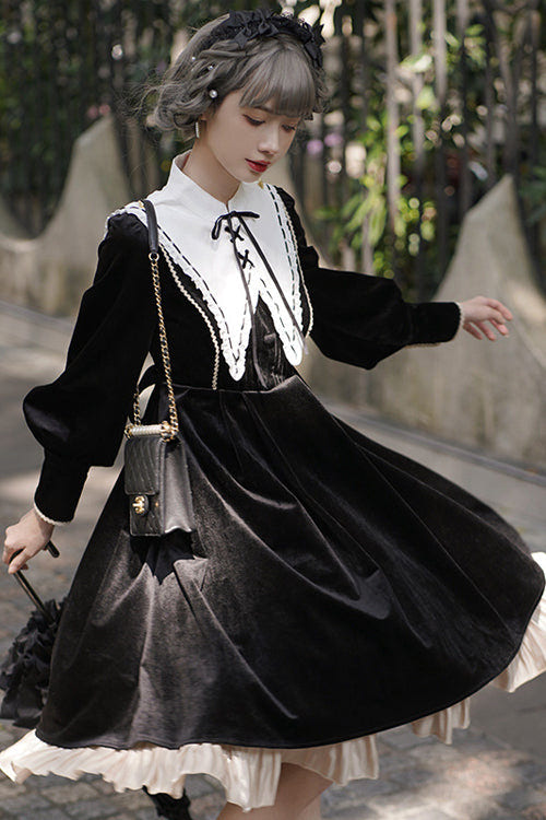 Black Velvet Fake Collar High Waist Classic Lolita OP Dress - Product - 5