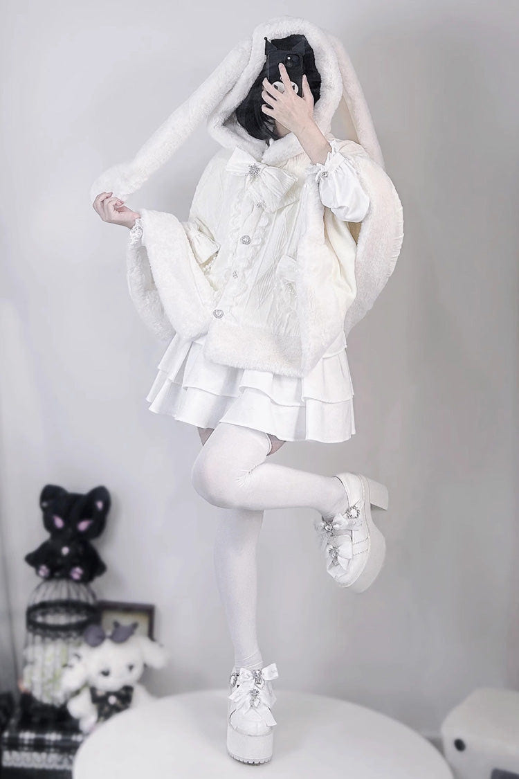 Rabbit Ears Hooded Single Breasted Bowknot Sweet Lolita Cloak Coat 2 Colors - Product - 9
