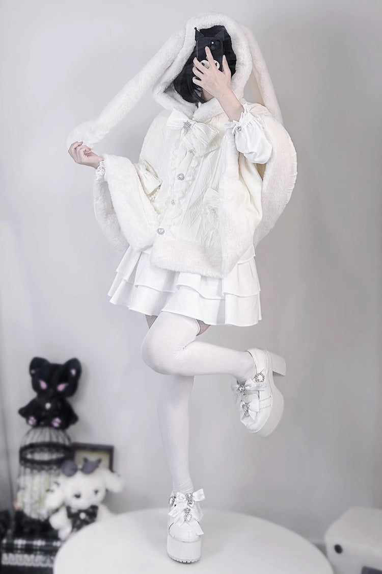 Rabbit Ears Hooded Single Breasted Bowknot Sweet Lolita Cloak Coat 2 Colors - Product - 9