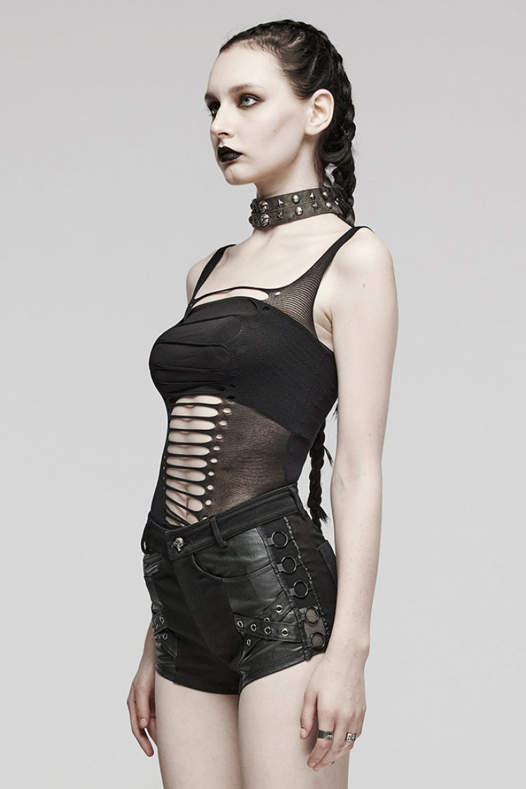 Black Sleeveless Ripped Spaghetti Straps Women's Punk Vest - Product - 2